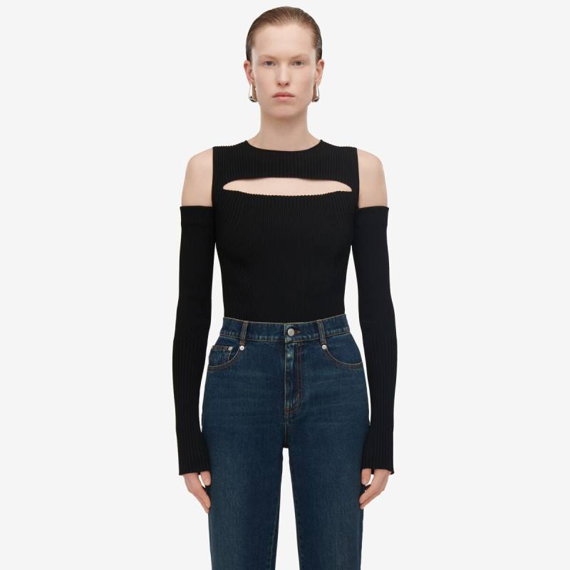 Alexander McQueen Women's Black Slashed Knit Top - XL (Viscose, Polyamide, Polyester & Elastan)